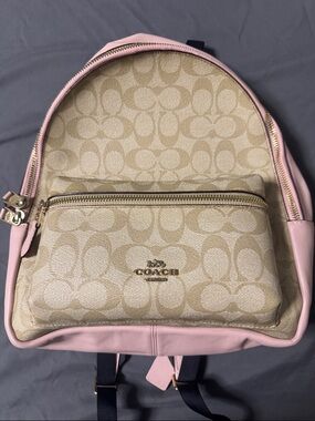Coach Beige Signature Canvas Backpack with Pink Trim